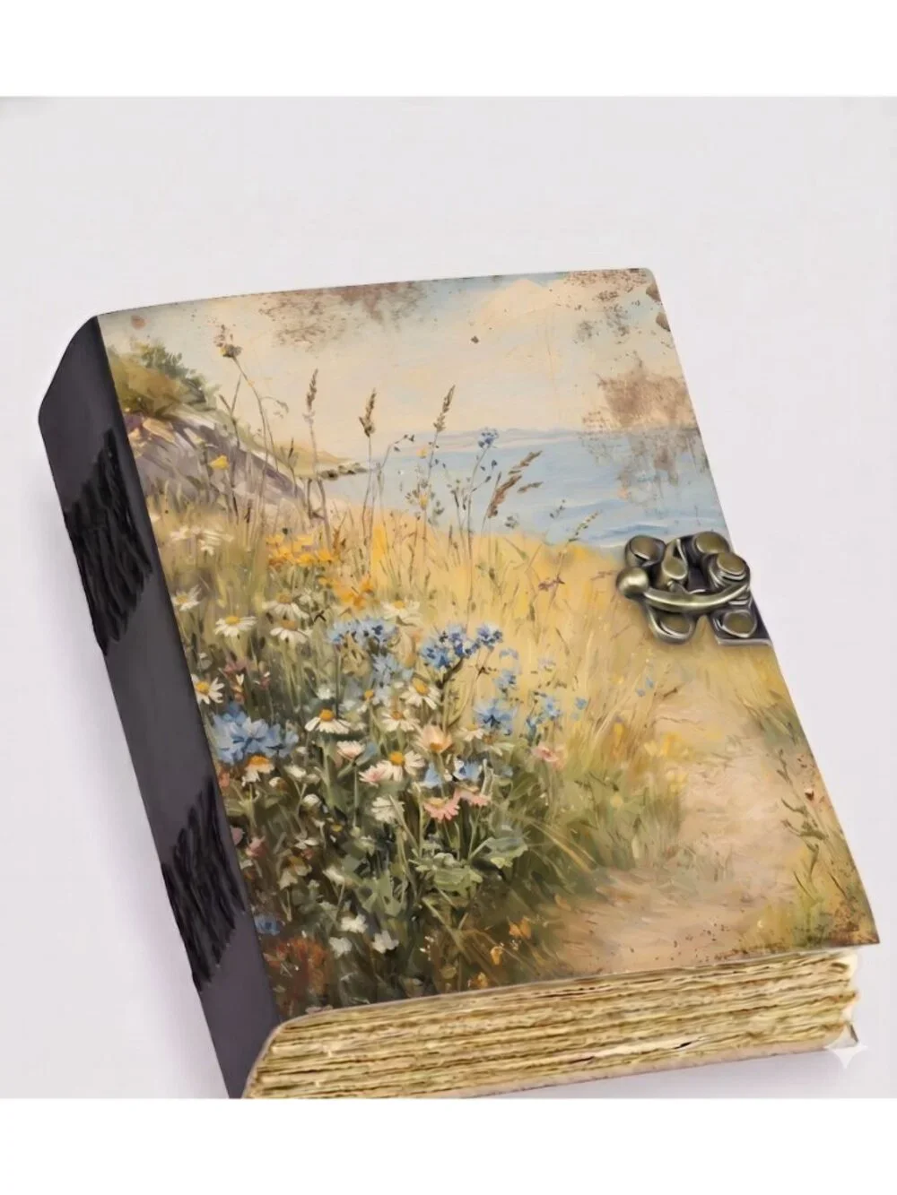 Coastal Wildflower Leather Journal – Handmade Seaside Nature Journal